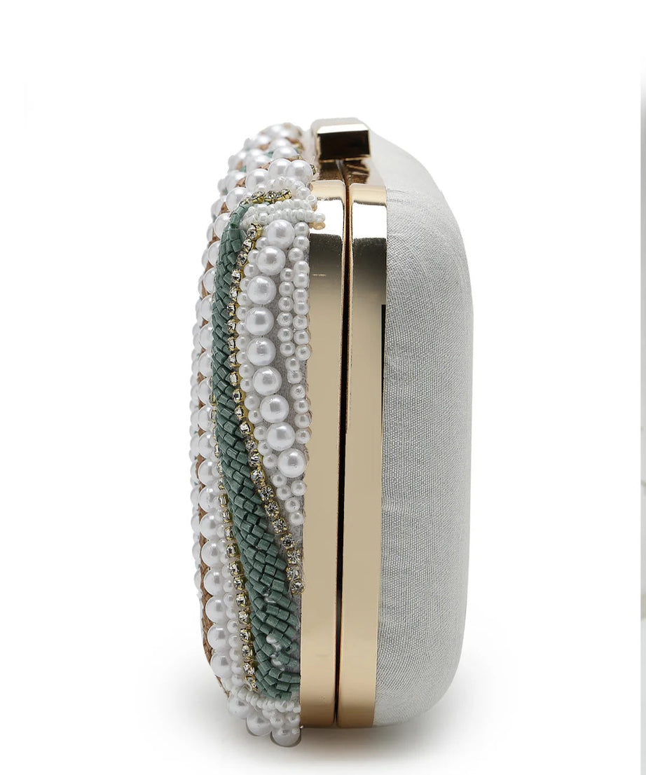 Adorn Wave Embellished Faux Silk Clutch