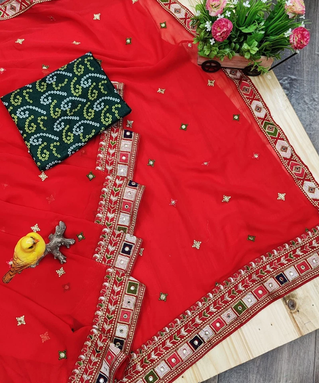 Designer Fancy Faux Georgette Embroidery With Real Mirror Work Saree & Blouse 11-RV