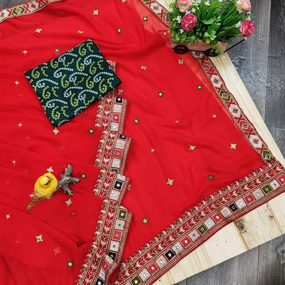 Designer Fancy Faux Georgette Embroidery With Real Mirror Work Saree & Blouse 11-RV