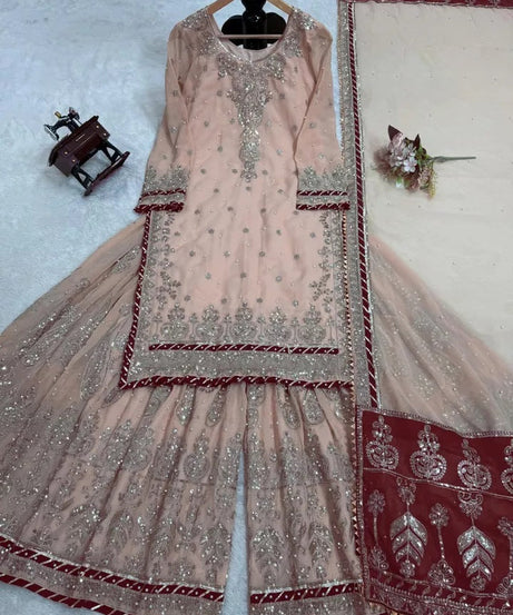 Indian Wedding Special Ethnic Stitched Faux Georgette Top Sharara Dupatta