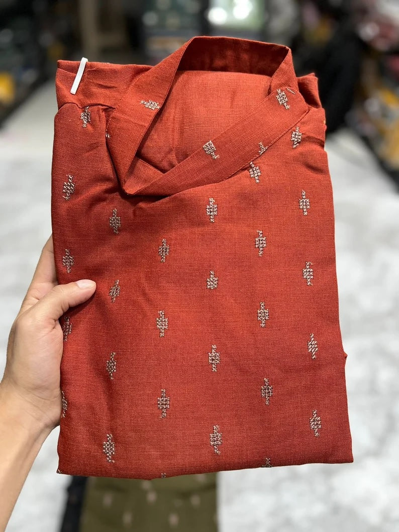 Heavy Magic Cotton With  Embroidery Butti Kurta Pajama Set for Men's