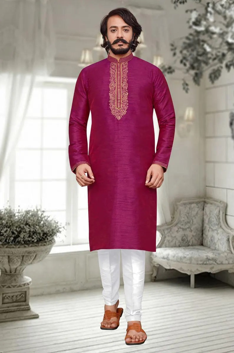 Heavy Silk With Embroidery Work Kurta Pajjama Men's Set