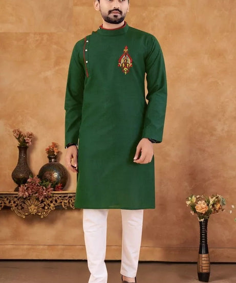 Men's Slub Cotton Kurta Pajama Set, Traditional Wedding Wear Long Kurta Set