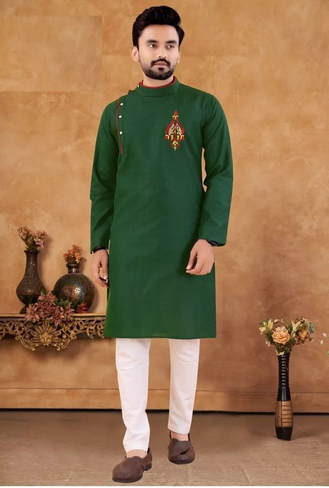 Men's Slub Cotton Kurta Pajama Set, Traditional Wedding Wear Long Kurta Set