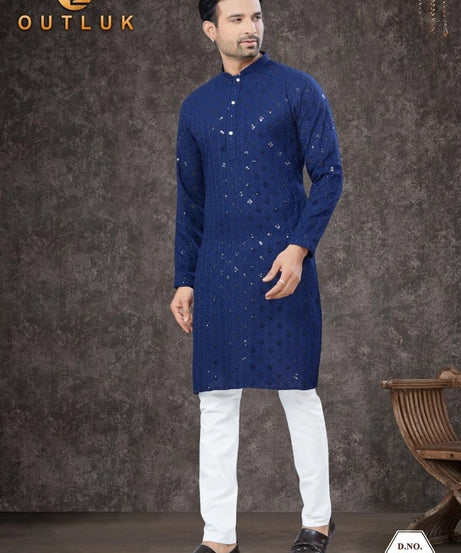 Traditional Wear Rayon Sifly Lakhnawi Kurta Pajama Set For Men's