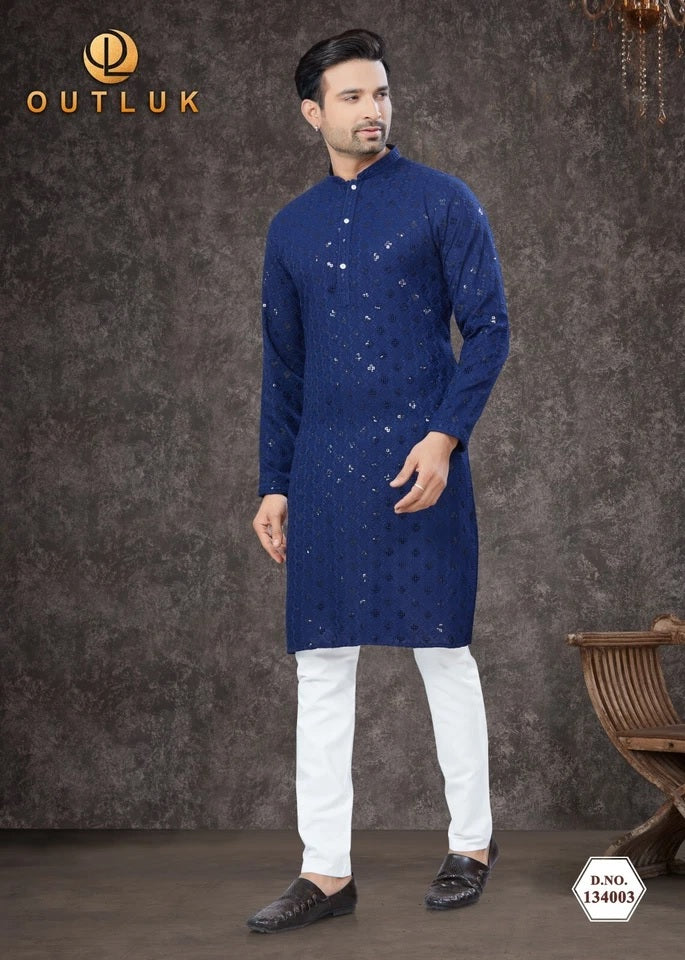 Traditional Wear Rayon Sifly Lakhnawi Kurta Pajama Set For Men's