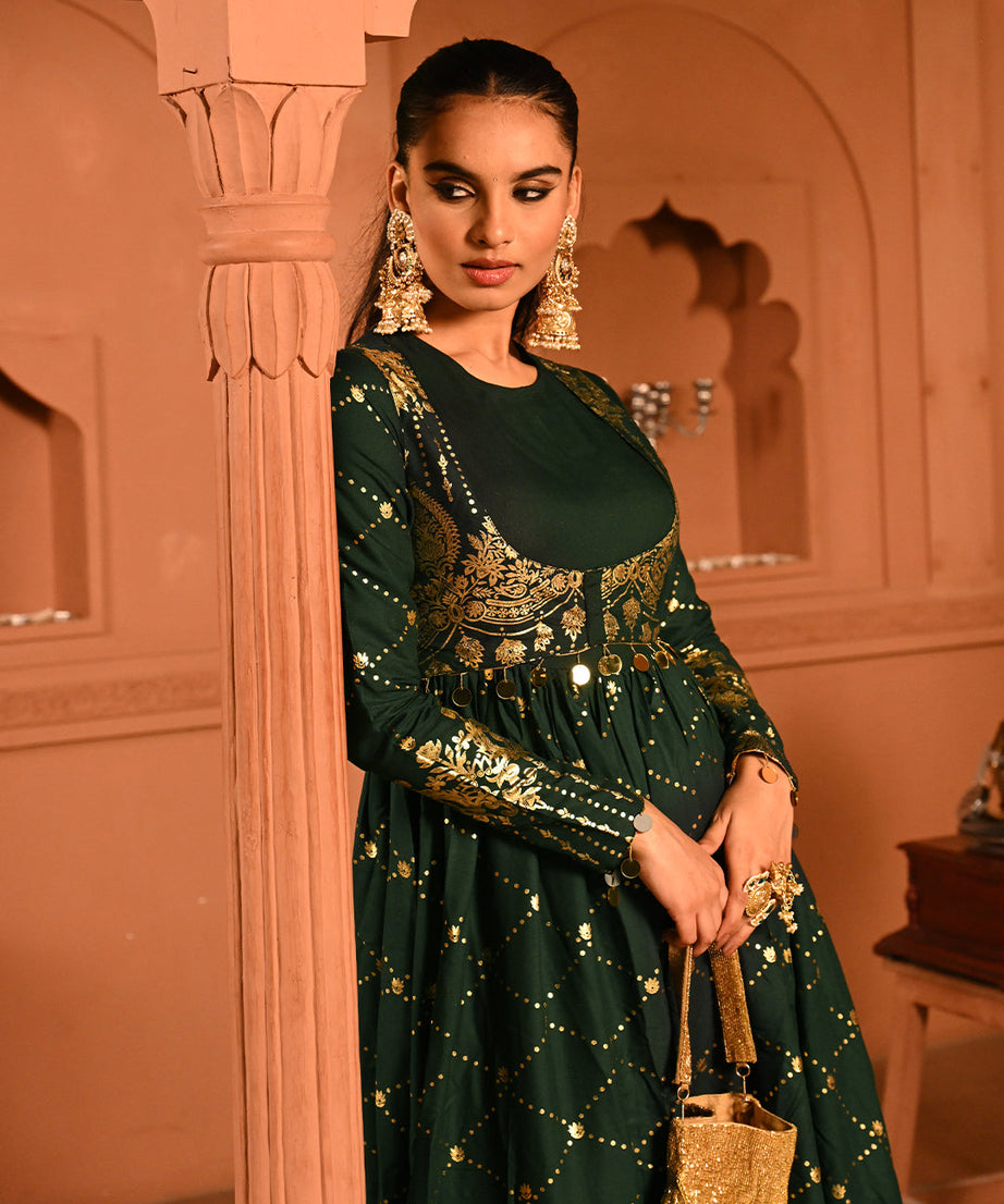 Luxury Emerald Green Gold Embroidered Anarkali Dress For Women(3XL)