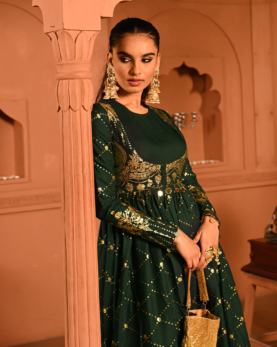 Luxury Emerald Green Gold Embroidered Anarkali Dress For Women(3XL)