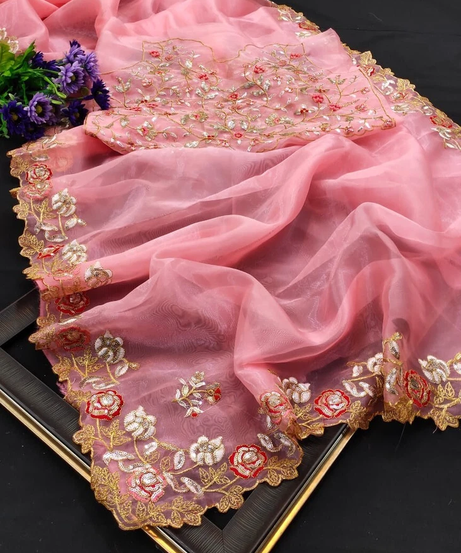 Organza Silk,Sequince & Zari Thread Designer Party Wear Saree & Blouse 11-RV