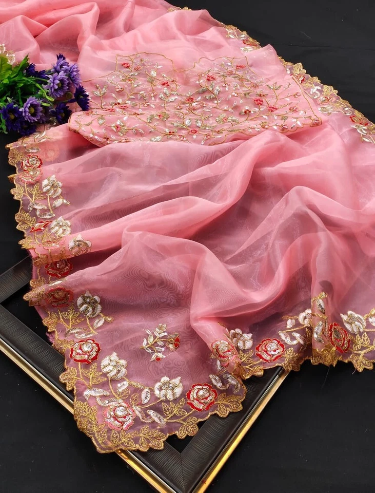 Organza Silk,Sequince & Zari Thread Designer Party Wear Saree & Blouse 11-RV