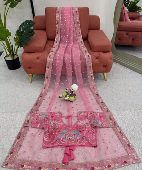 Pink Heavy Soft Tissue Organza Silk Saree, Wedding Wear Sari With Blouse