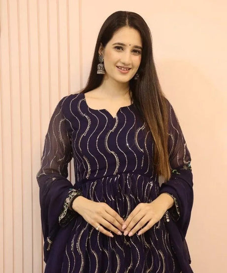 Ethnic Designer Stylish Stitched Faux Georgette Long Anarkali Gown Dupatta