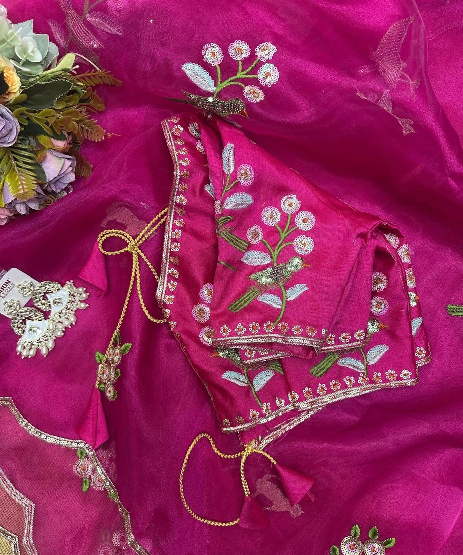 Soft Organza Saree With Embroidery Sequence Work Sari With Blouse