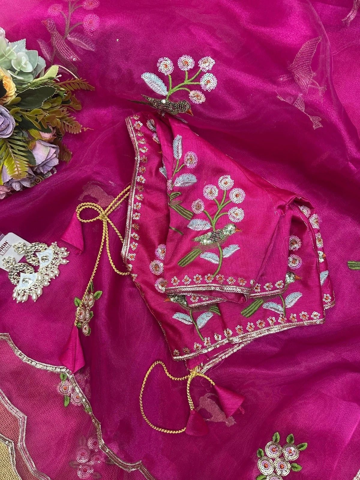 Soft Organza Saree With Embroidery Sequence Work Sari With Blouse