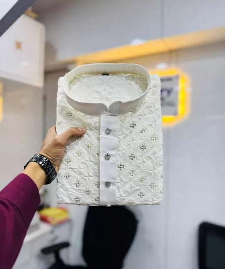 Soft Silk With White Embroidery Thread Work Kurta Pajama Set For Men's