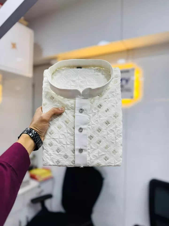 Soft Silk With White Embroidery Thread Work Kurta Pajama Set For Men's