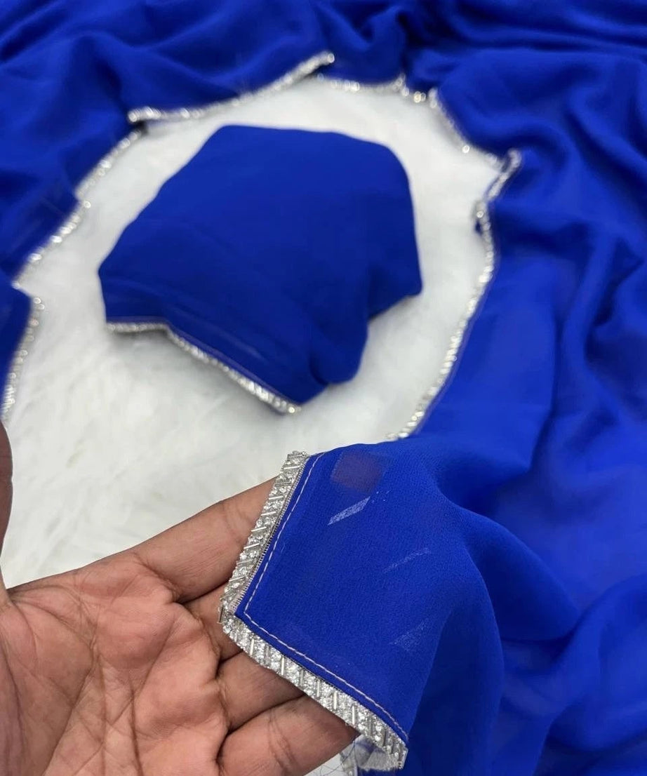 Blue Classic Faux Georgette Bloomming Saree With Blouse