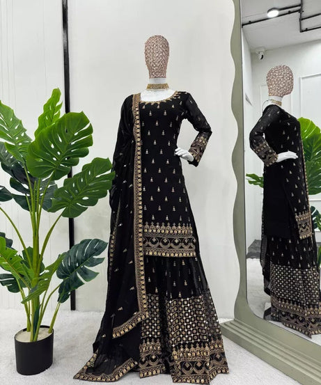 Faux Georgette With Thread & 9MM Sequence Work Top Palazzo & Duppata