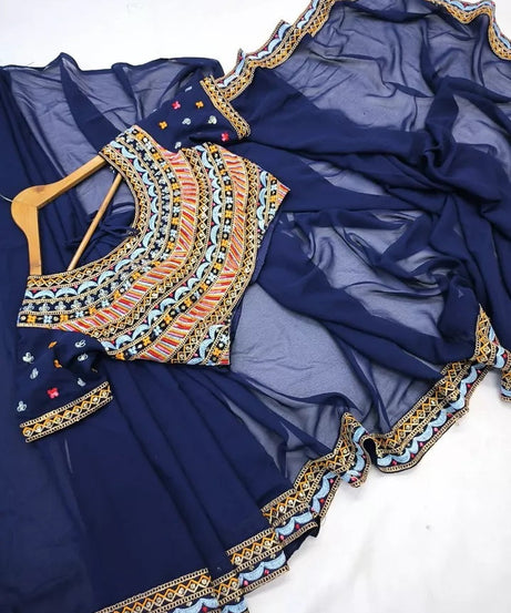 Soft Georgette With Embroidery Lace Border Ready To Wear Sari With Blouse