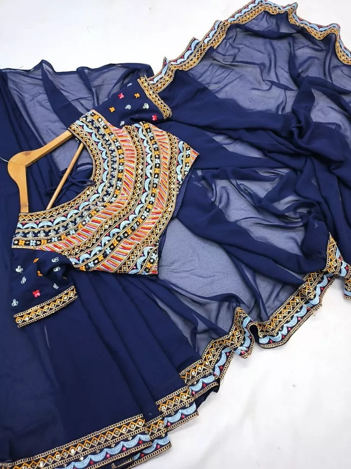 Soft Georgette With Embroidery Lace Border Ready To Wear Sari With Blouse