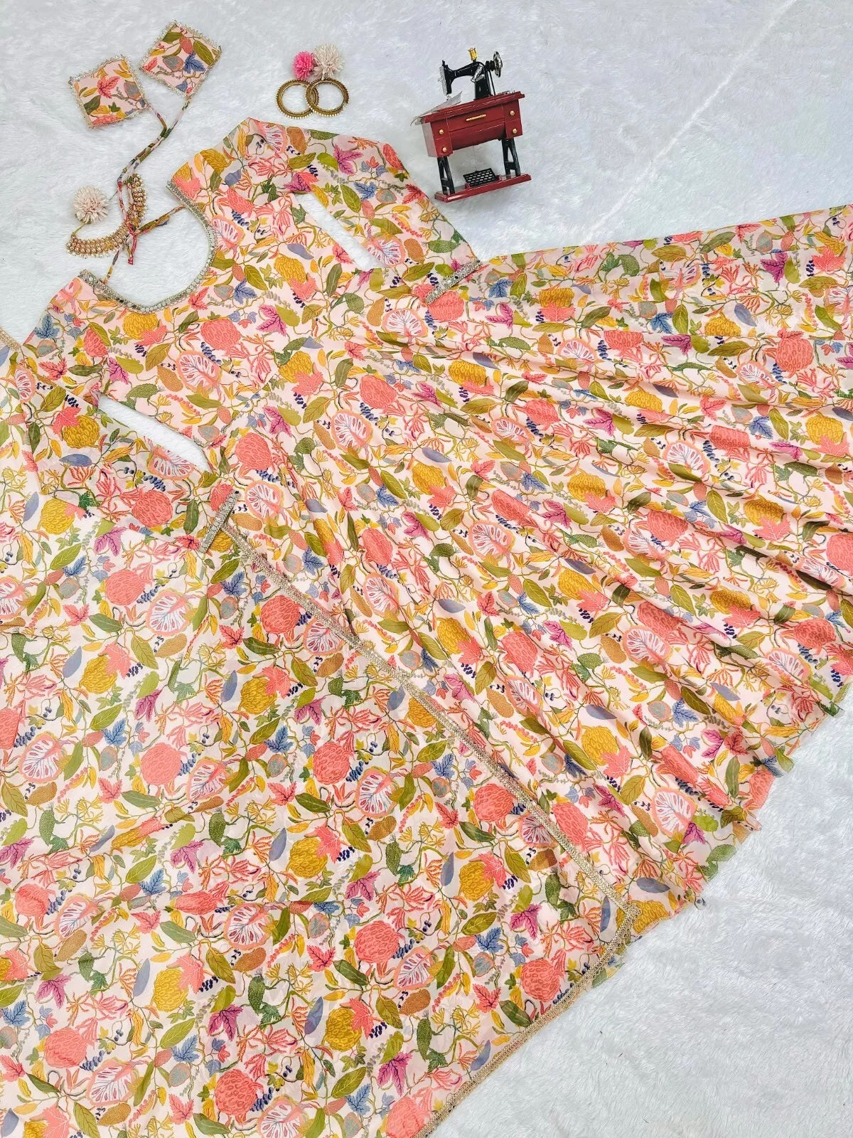 Georgette With Inner  Digital Print Mirror Work Anarkali Suit & Dupatta