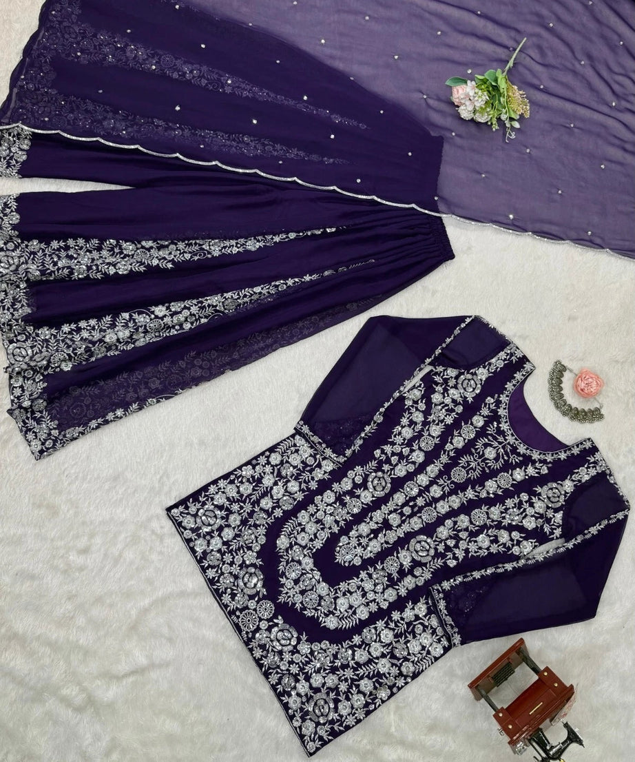 Full Stitched Faux Georgette Top Palazzo Dupatta