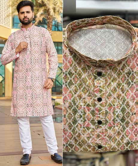 Men's FullStitched Heavy Rayon Schiffli Work Bollywood Kurta Pajama