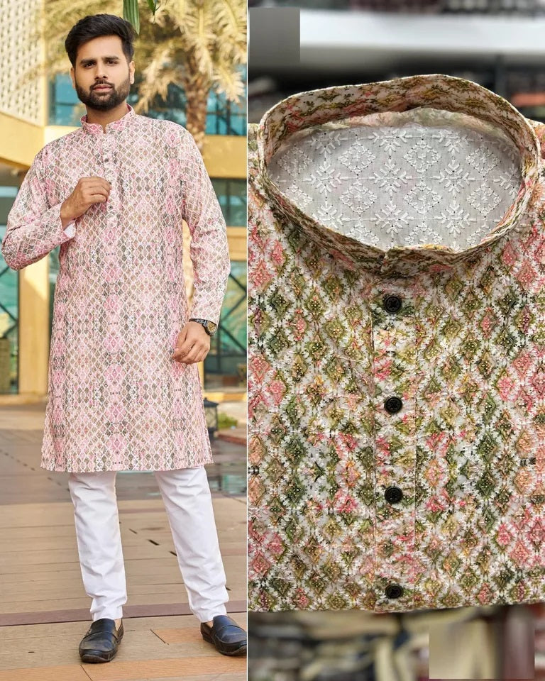 Men's FullStitched Heavy Rayon Schiffli Work Bollywood Kurta Pajama
