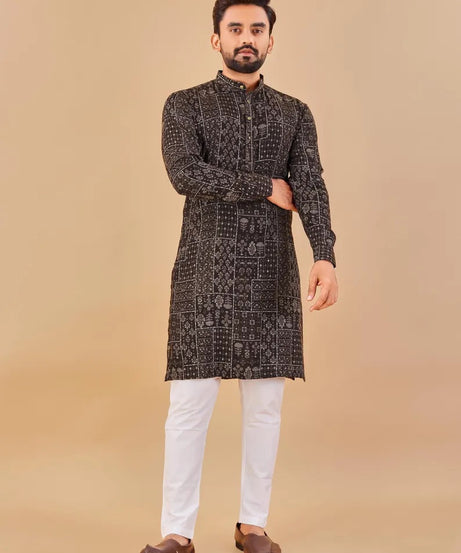 Premium Soft Cotton Foil Print Men's Kurta Pajama Set