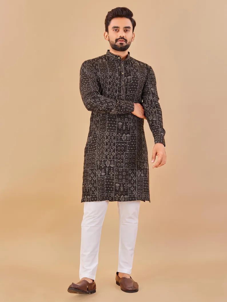 Premium Soft Cotton Foil Print Men's Kurta Pajama Set