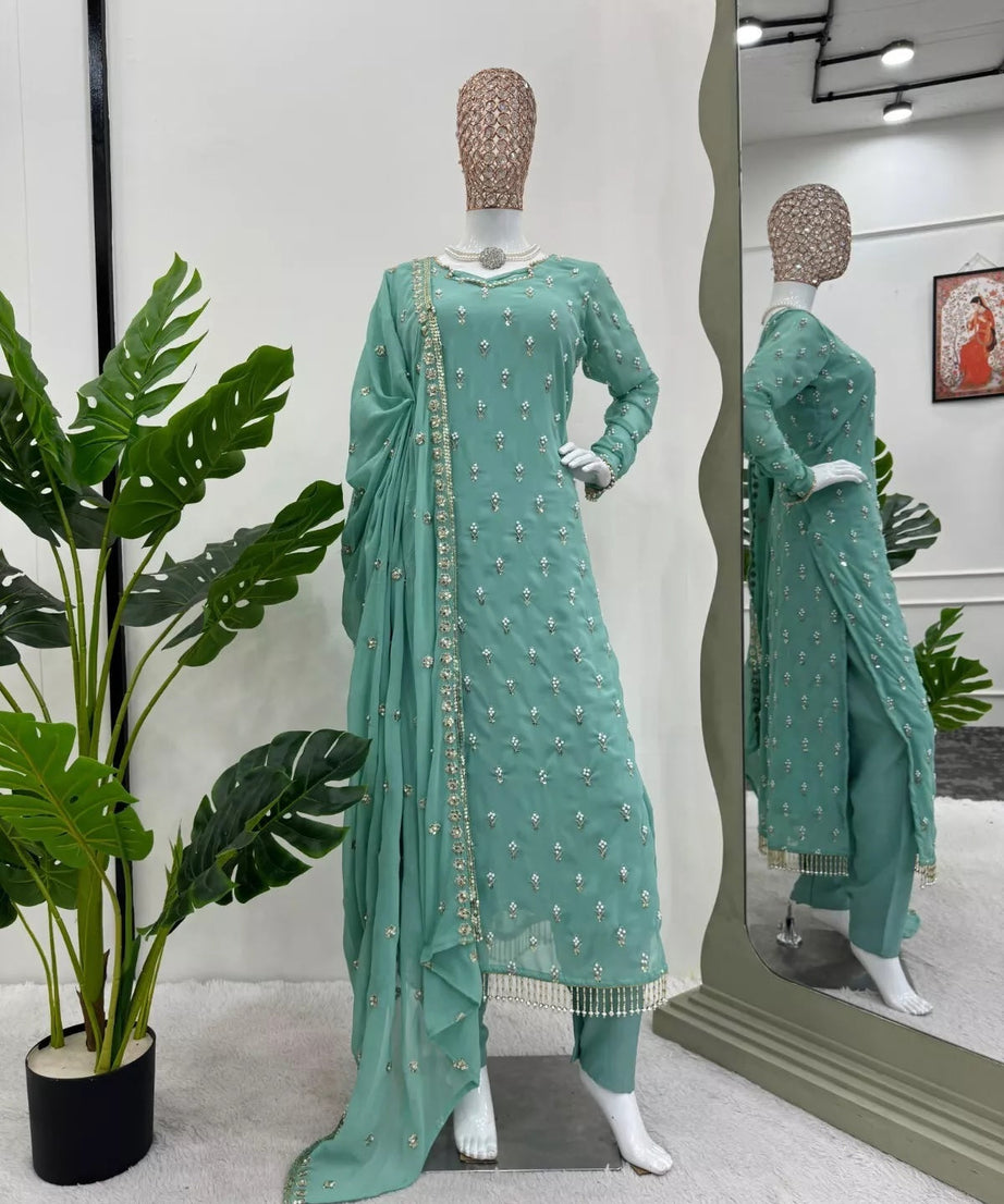 Traditional Fancy Wear Faux Georgette Top Pant With Dupatta