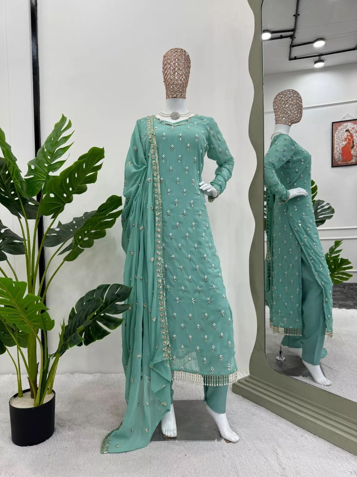 Traditional Fancy Wear Faux Georgette Top Pant With Dupatta