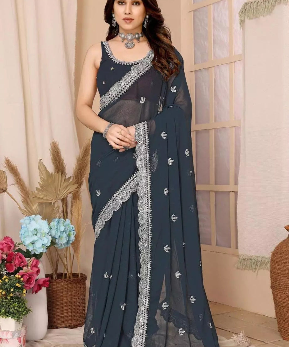 Traditional Party Zomato Chiffon Silk Saree, Wedding Bollywood Sari & Blouse