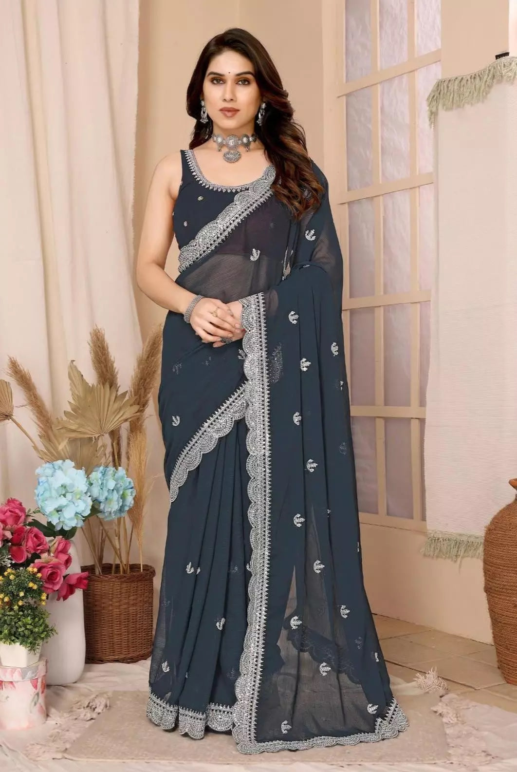 Traditional Party Zomato Chiffon Silk Saree, Wedding Bollywood Sari & Blouse