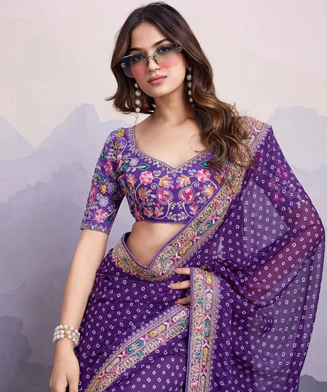 Georgette With Digital Print &Embroidery Work Sari With Blouse