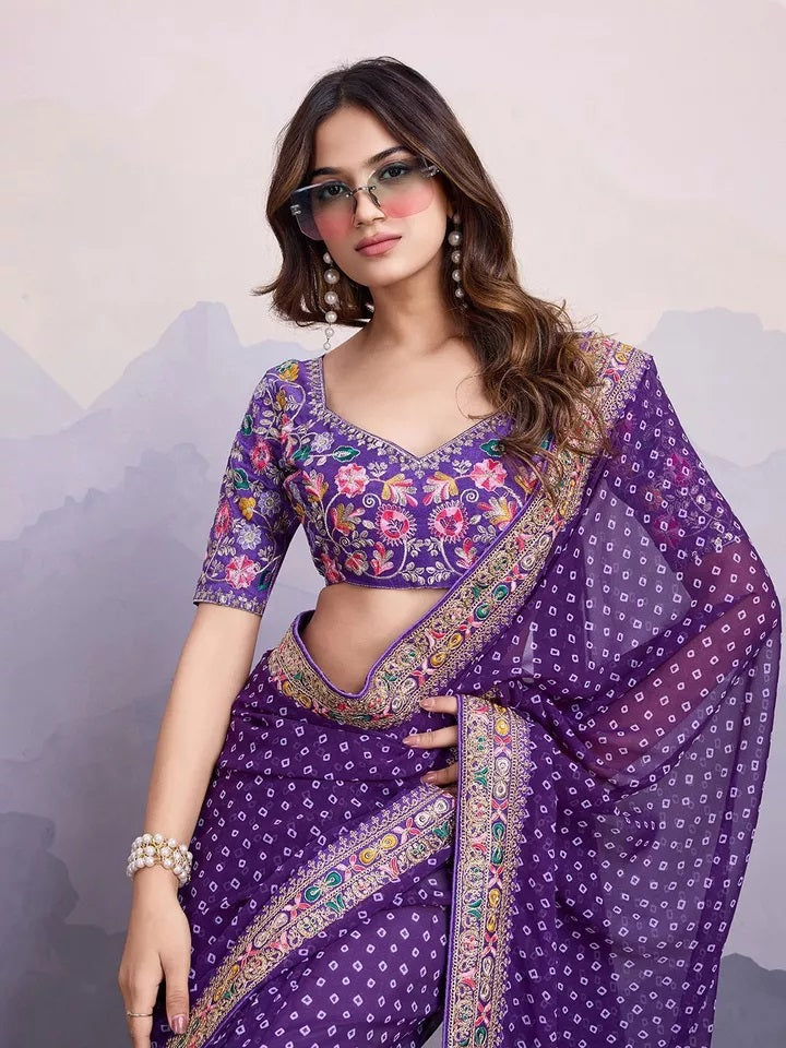 Georgette With Digital Print &Embroidery Work Sari With Blouse