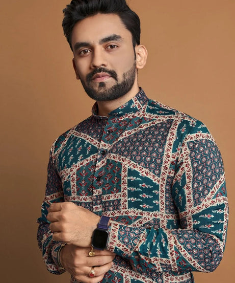 Men's Soft Cotton Foil Print Designer Kurta Pajama Set