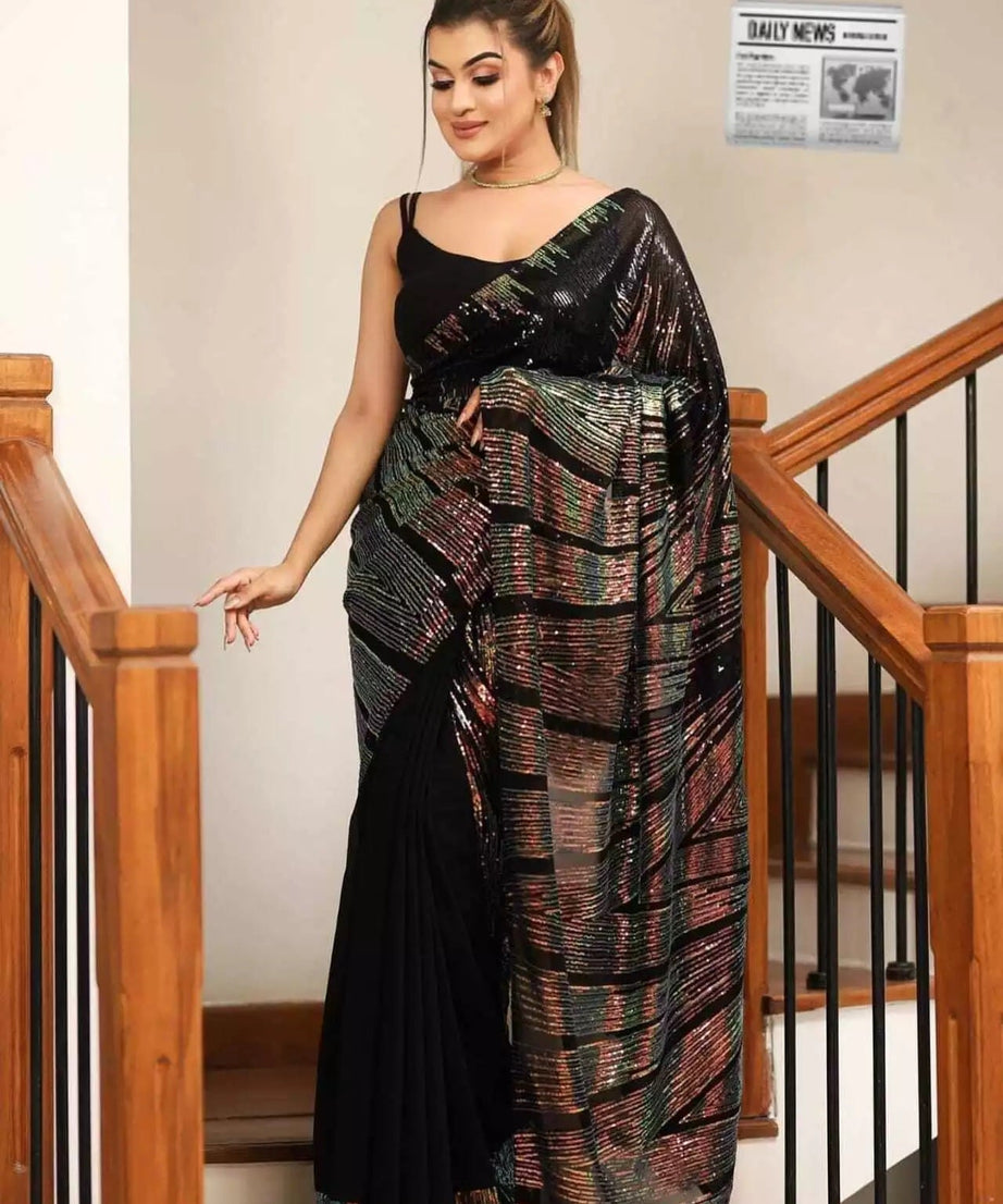 Georgette Embroidery Work Sequence Lace Work Saree,Party Wear Sari