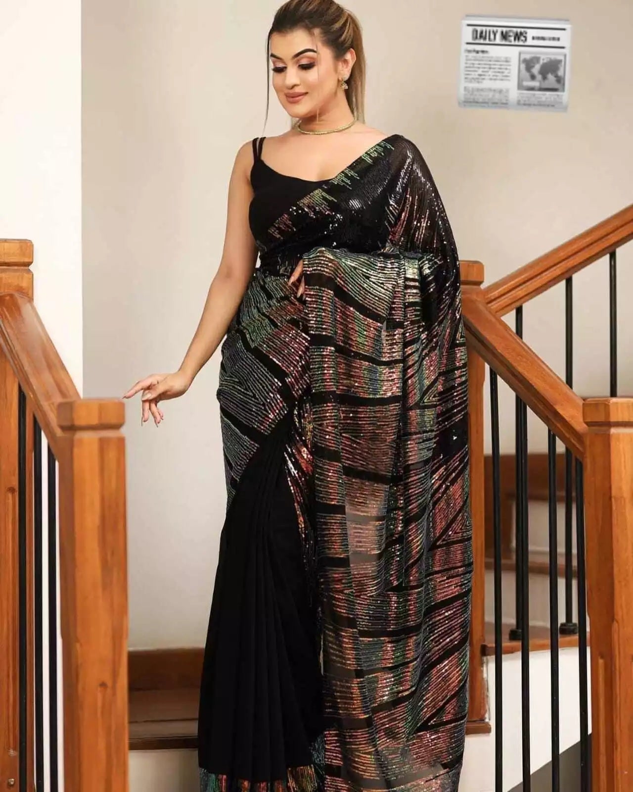 Georgette Embroidery Work Sequence Lace Work Saree,Party Wear Sari