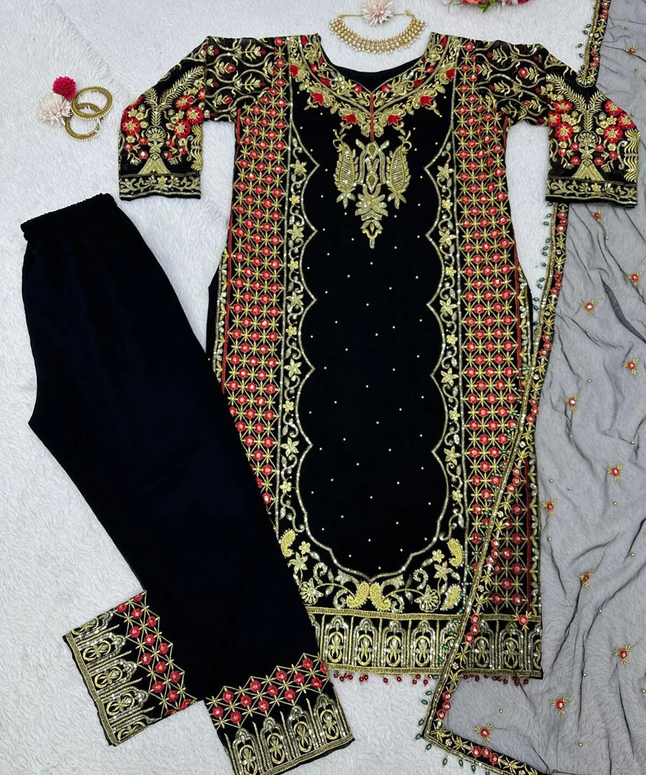 Faux Georgette Indian Ethnic Top Pant & Dupatta Set