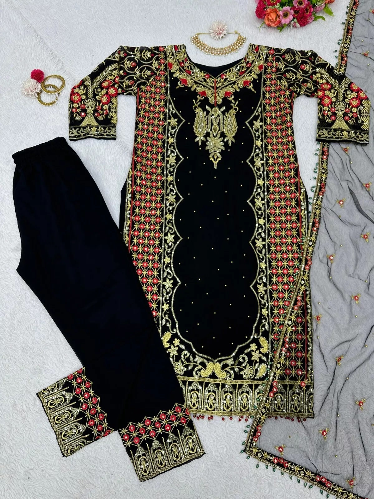 Faux Georgette Indian Ethnic Top Pant & Dupatta Set