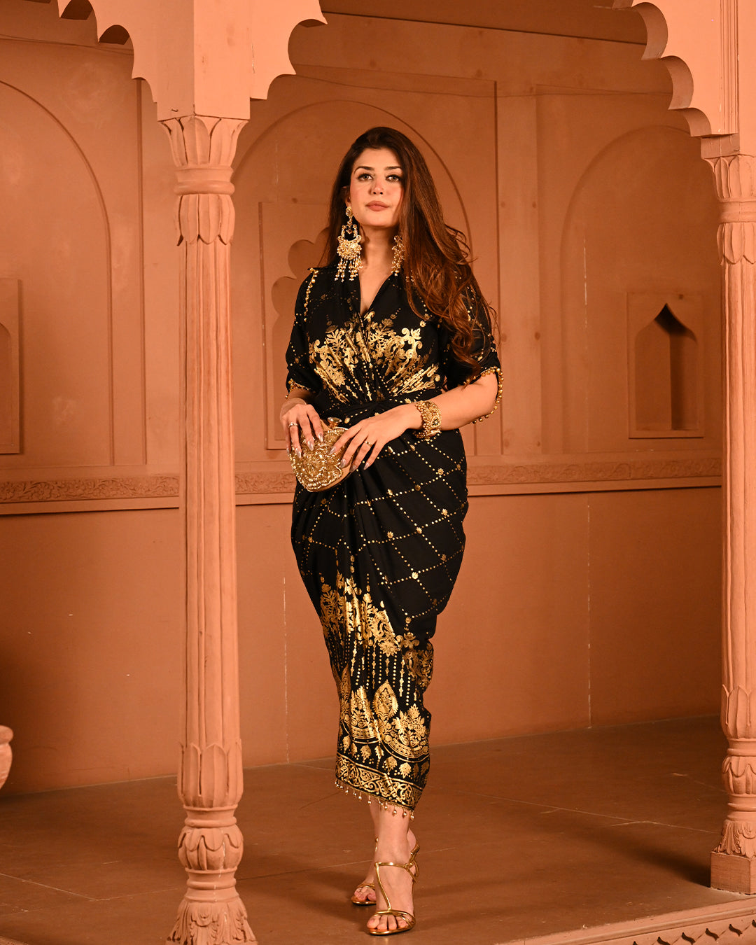 Elegant Designer Party Outfit with Gold Embroidery Kaftan Dress For Women