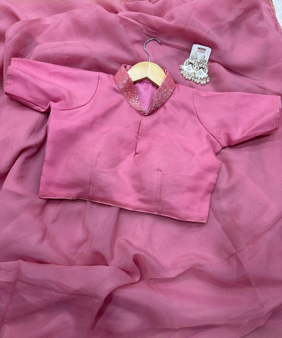 Fancy Soft Pure Chiffon Pink Beautiful Saree With Blouse