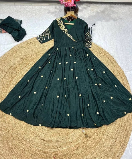 Heavy Pure Chinon Silk With Embroidery Work FullSleeves Gown Bottom Dupatta