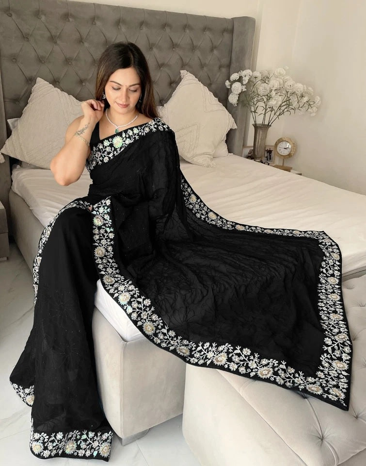 Women's  Beautiful Georgette Festival Wedding Wear Saree & Blouse 11-JR