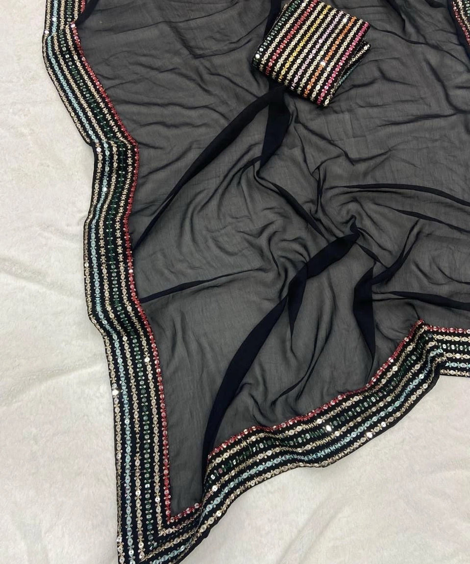 Beautifull Smooth Georgette Black Saree With Blouse For Women's