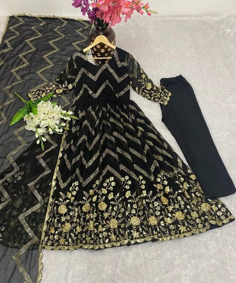 Fox Georgette With Embroidery Work With Full Sleeve Gown Bottom Dupatta Set