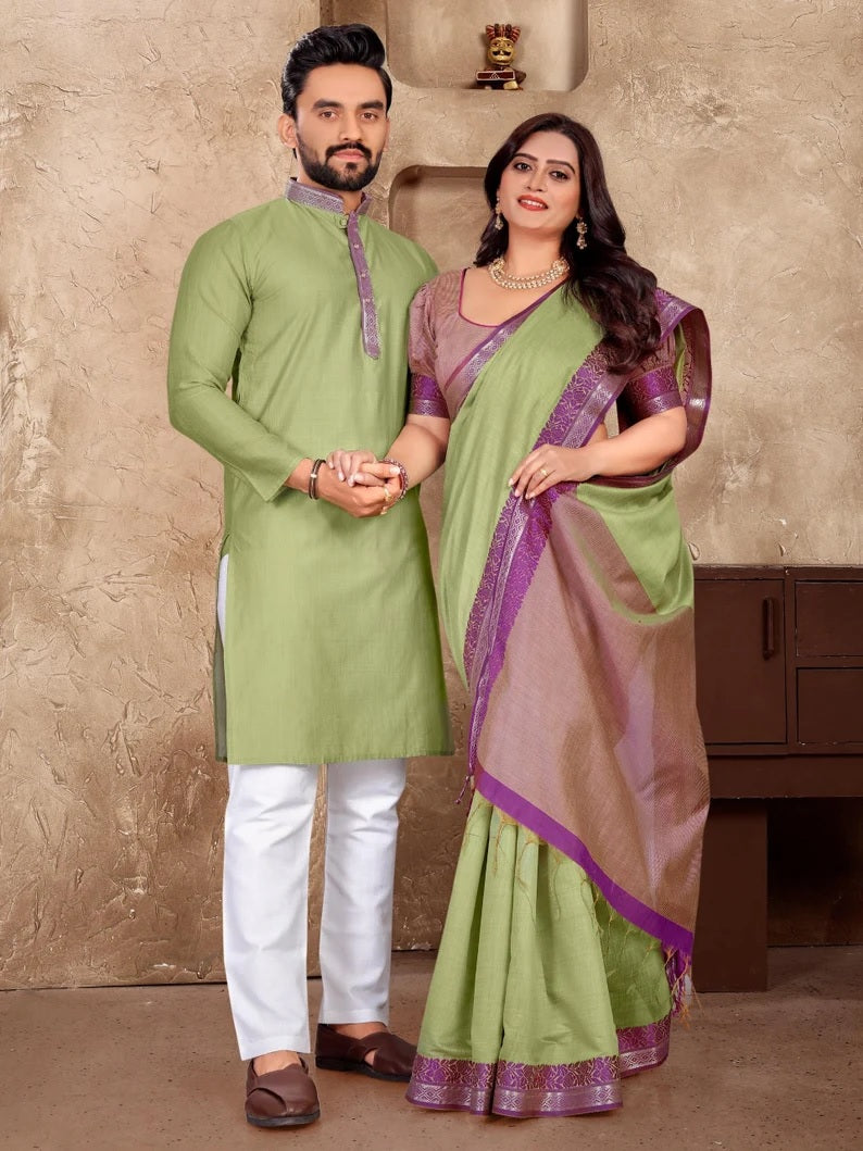 Linen Silk Kurta And Saree Set & Couple Combo Set