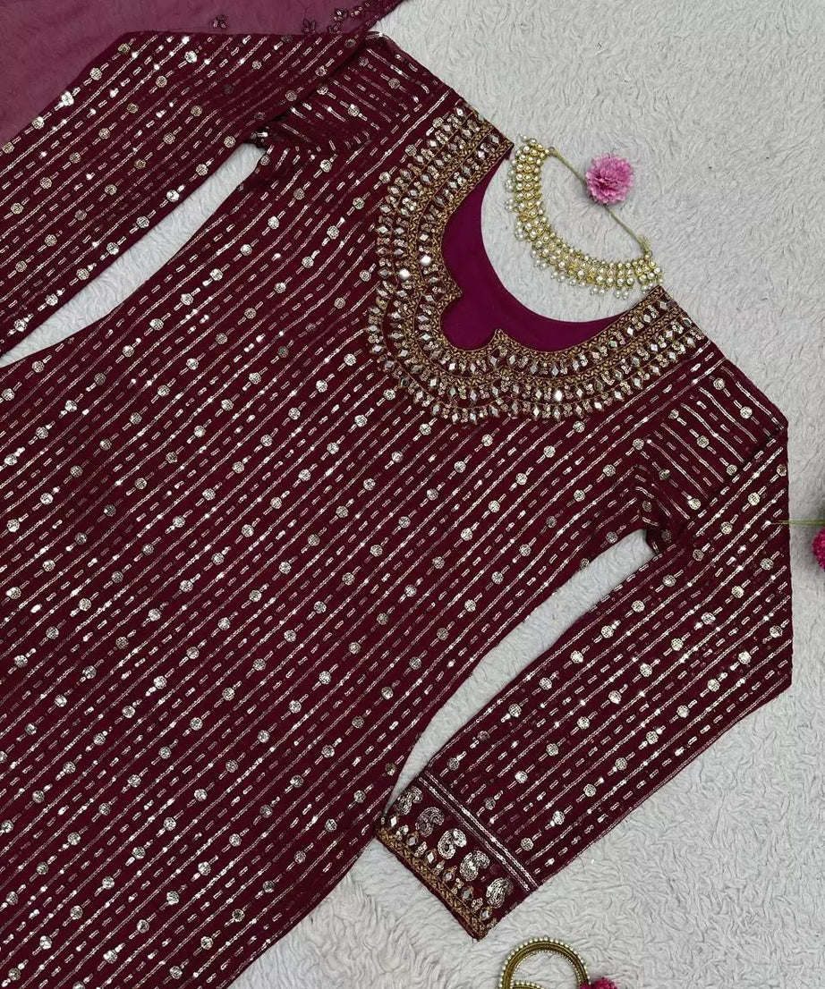 Georgette Function Style Top Pant With Dupatta Set