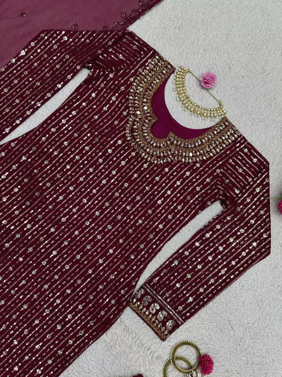 Georgette Function Style Top Pant With Dupatta Set